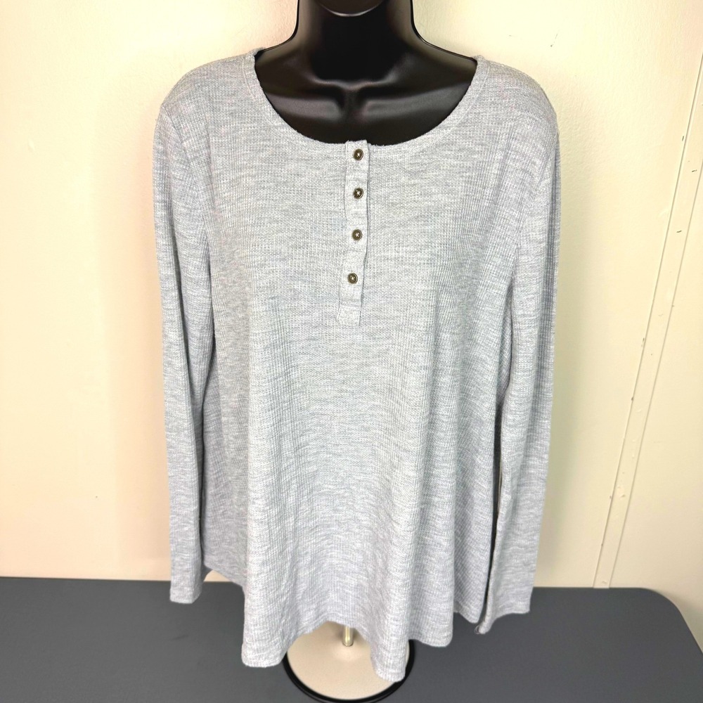 Umgee Henley Top Womens Large Heather Gray Waffle Knit Long Sleeve B5556 Casual